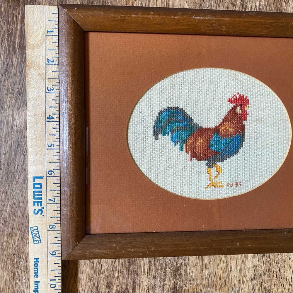 2 Vintage Handmade Cross Stitch Rooster & Chicken Wood Frame Cottagecore 11”x9” - Picture 10 of 10